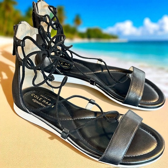 NWOT Cole Haan Grand-OS Black & White Leather Lace-Up Gladiator Sandals Size 5.5 - Picture 1 of 12